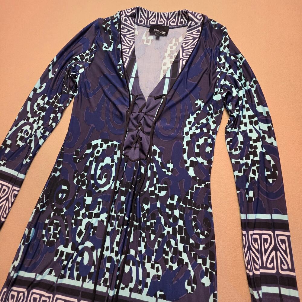 Analili Greek Mosaic Print Long-Sleeve V-Neck Lace-Up Tunic Dress Sz XS